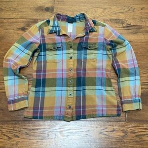 Patagonia Long-sleeved Fjord Flannel Shirt, color Dorthea: Tuscan Olive, size 8